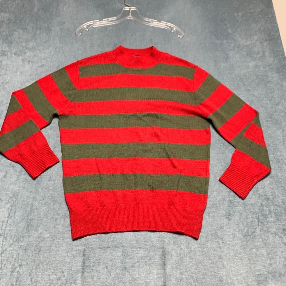 Hot Topic Social Collision Sweater Mens L Red Green Striped Stretch Knit Winter